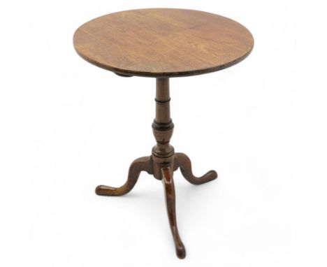 George III mahogany tripod table, circular tilt-top on vasiform turned pedestal, three out-splayed supports Dimensions: Heigh