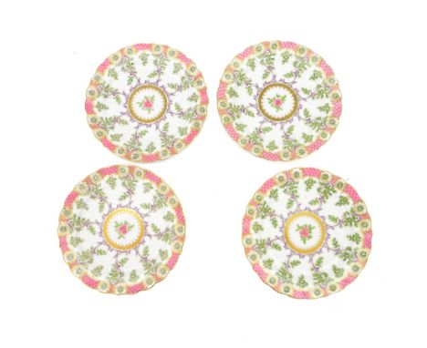 Set of four late 19th/early 20th century Royal Worcester porcelain cabinet plates after Dr Wall, of lobed circular form paint