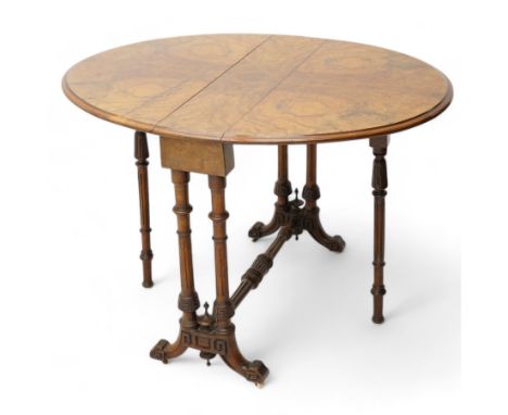Victorian figured walnut Sutherland table, moulded oval drop-leaf top with quarter-matched figured veneers, gate-leg action b
