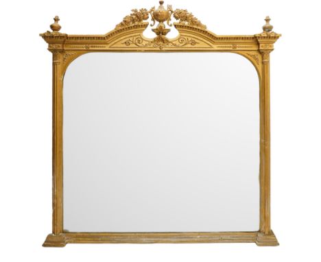 Victorian giltwood and gesso overmantel mirror, central urn finial with extending flower head decoration, egg and dart moulde