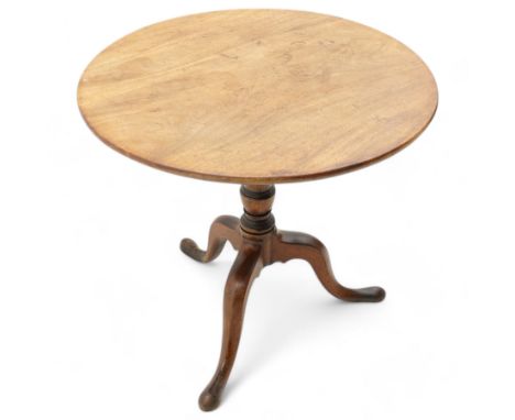 George III mahogany tripod table, circular single piece mahogany tilt-top, turned pedestal on three out-splayed supports Dime