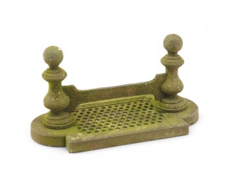 Victorian cast iron boot scraper, finial supports on grille baseDimensions: Height: 28cm  Length/Width: 53cm  Depth/Diameter: