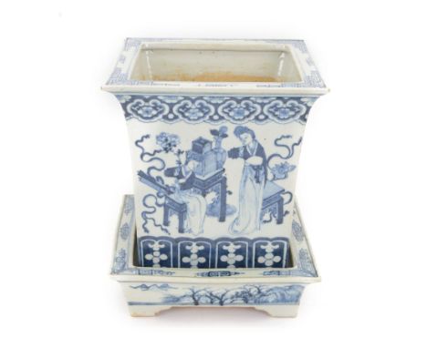 19th century Chinese blue and white planter and stand, each of square slightly tapering and flared form, the planter decorate