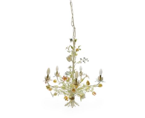Mid-20th century French toleware chandelier, designed as a multicoloured floral bouquet, five branches each terminating in li