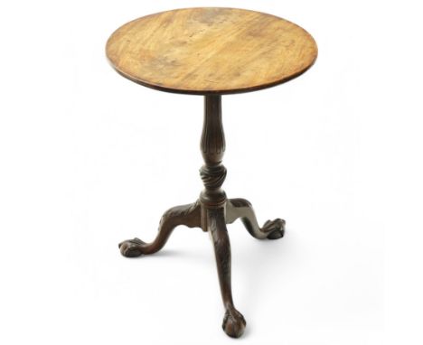 George III mahogany tripod table, circular tilt-top on reeded vasiform pedestal with twist turned baluster, on three acanthus