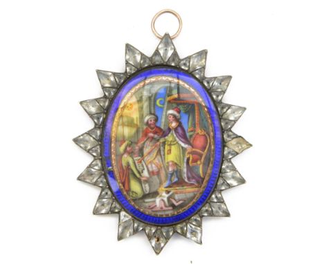 Late 19th/early 20th century Masonic painted enamel miniature, of oval form depicting a scene with three figures, constructio