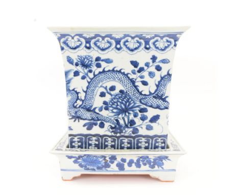 Chinese blue and white planter and stand, each of square slightly tapering and flared form, the planter decorated with two dr