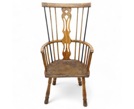 19th century provincial Windsor armchair in elm, yew wood, oak, ash and birch, curved bar cresting rail over stick back and s