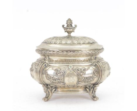 Late 19th/early 20th century German silver sugar box, of bombe form, the body with monogramed oval panel to front flanked by 