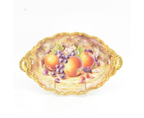 Late 20th century Royal Worcester dish, of oval form with gilt shaped rim and twin shell handles, hand painted by Jason Bowma