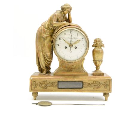 John Michael Hofer in Wien - Austrian 19th century 8-day mantle clock with calendar c1820, carved wooden case with a red font