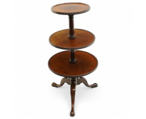 George III mahogany tripod dumb-waiter, three graduating tiers with moulded and lipped edges, on ring turned barrel pedestal 