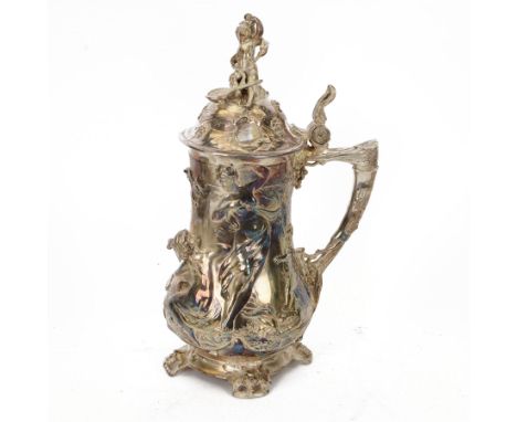 Large late 19th/early 20th century WMF Art Nouveau silver plated stein or jug, circa 1900, the bellied body cast and applied 