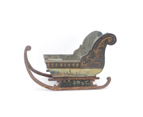 Unusual 18th century small Northern European wooden sled, with curved scroll back, the sides painted with coastal shipping sc