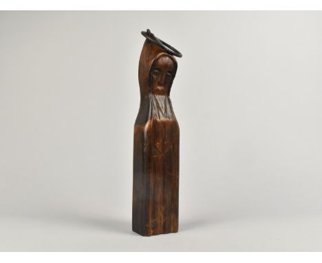 A Mid 20th Century Carved Wooden Sculpture of Stylised Elongated Figure in Hooded Cloak, Probably French, 25cms High