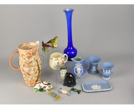 A Collection of Various Ceramics and Glass to Comprise Beswick Birds, Cat, Arthur Wood Indian Tree Jug, Wedgwood Jasperware, 