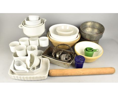 A Large Collection of Various Kitchenalia to Comprise Mixing Bowls, Rolling Pin, Cutters, Baking Pans, Dinnerwares, Royal Wor
