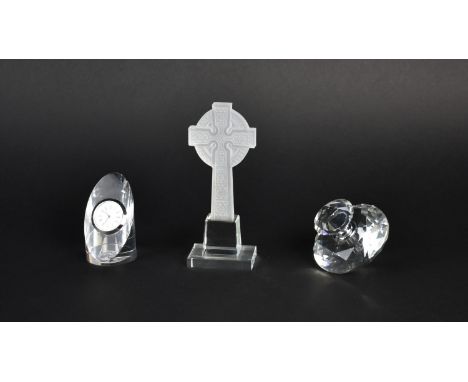 An Art Deco Style Diamond Shaped Scent Bottle, A Celtic Crystal Celtic Cross and a Desktop Clock with Quartz Movement