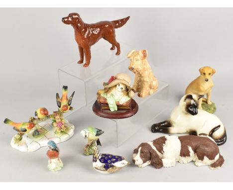 A Collection of Various Animal and Bird Ornaments to Comprise Beswick Irish Setter, Cat, Birds, Royal Doulton Chickadee Group