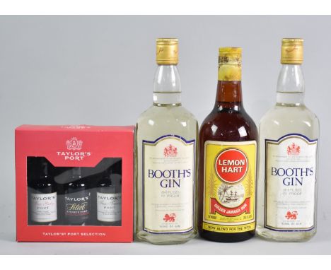 Two Bottles of Booths Gin. One Bottle of Lemon Hart Rum and a Pack of Taylors Port Miniatures