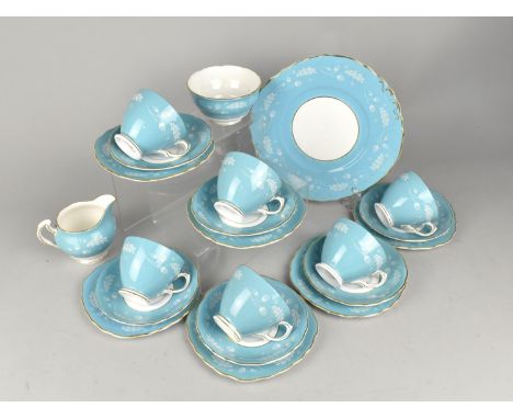 A Mid Century Colclough Blue Acorn Tea Set for Six to Comprise Cups, Saucers, Side Plates, Cake Plate, Milk Jug and Sugar Bow