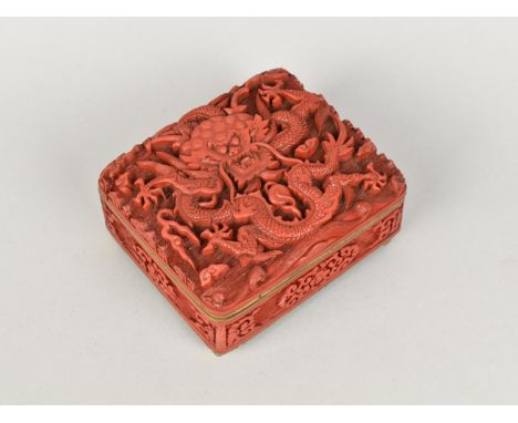 A Late 20th Century "Cinnabar Lacquer" Style Box Decorated with Dragons, 9.5cms Wide