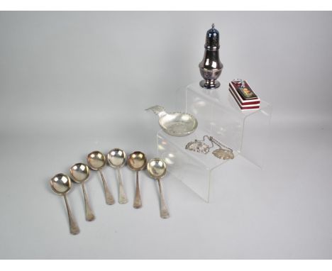 A Collection of Silver Plated Cutlery, Silver Plated Sugar Sifter, Pewter Tastevin, Decanter Labels for Port and Light Port, 