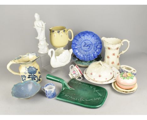 A Collection of Various Ceramics to Comprise Chinese Blanc De Chine Guanyin, Twin Handled Cup, Large Green Glazed Trowel, Mas