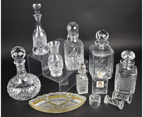 A Collection of Various Cut Glass Decanters etc Together with an Empty Chanel No.5 Perfume Bottle