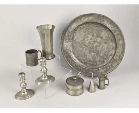 A Collection of Various 19th and 20th Century Pewter to Include Charger, Tobacco Pot, V&amp;A Royal Selangor Vase, Candlestic