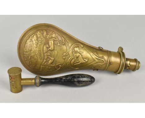 A Brass Sporting Shot Flask Decorated in Relief together with a 19th Century Hawksley Gunpowder Measure