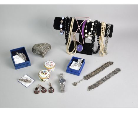 A Collection of Various Costume Jewellery to Comprise Faux Pearl Necklace, Silver Scenes Brooches, Sekonda Wrist Watch Togeth
