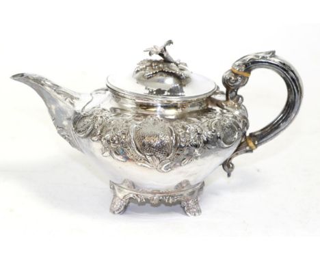 A William IV silver teapot, Charles Thomas Fox, London 1836, with repousse decoration and floral finial to cover, 16oztSplit 