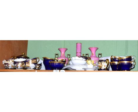 A Noritake tea service painted with country landscapes with gilt borders; an Aynsley part tea service and three pink ground v