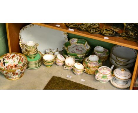 A shelf of 20th century ceramics, including Minton's part service, French part dessert service, Continental gilt decorated tr