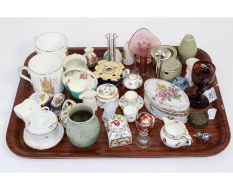 A group of collectables, including a Sabino opalescent glass fish, Goss crested wares, Royal Worcester French Cook candle snu