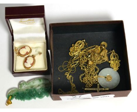 A pair of cameo earrings with applied plaque stamped 375, pendant chain with ring clasp stamped 375, jade type pendant, cruci