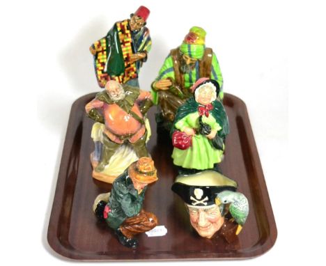 A group of Royal Doulton figures comprising; The Cobbler HN1706, The Carpet Seller HN1464, Falstaff HN2054, The Poacher HN204