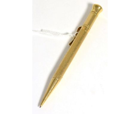A Samson Mordan 9 carat gold Everpoint propelling pencil, patent 179005, with engine turning to body, London hallmarks