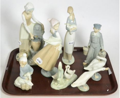 Two Lladro figures, two Lladro geese and four Nao figures Lladro - boy and sheep with chip to foot. Sheep's ear glued and cra