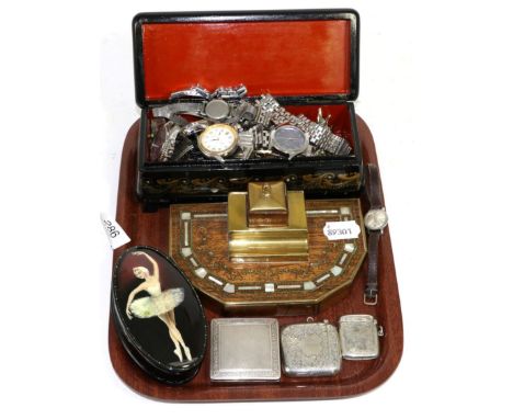 Two silver vestas, a silver compact, a lady's Tissot wristwatch, various other wristwatches, costume jewellery, two papier ma