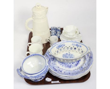 A group of 19th century and later ceramics including a game tureen, Davenport plates, Spode, Royal Worcester jug and cover, p