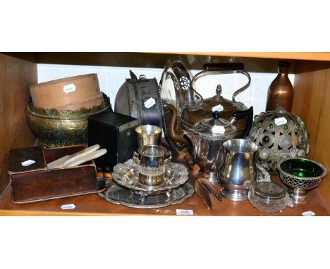 A shelf of brass ware, silver plate etc 