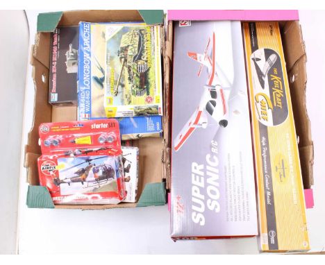 Two boxes of plastic and wooden aircraft model kits to include Revell Airfix, Top Driver, and others to include a Revell Fokk
