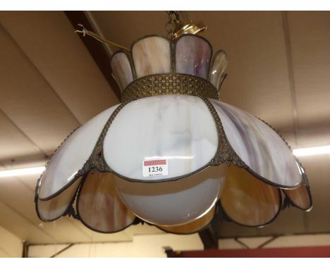 A French marbled glass and brass framed hanging ceiling light, of domed form, dia.46cm 