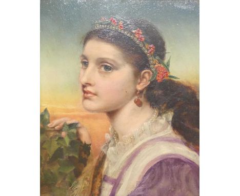 Late 19th century Pre-Raphaelite school - Bust portrait bearing plaque 'Miss Sandys', oil on card, 25 x 20cm, hand-written an