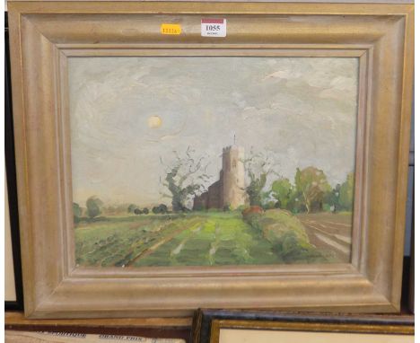 T. Fairhurst - Winter Moon above Wramplingham Church, oil on panel, signed lower right, 28 x 38cm, with gallery label verso f