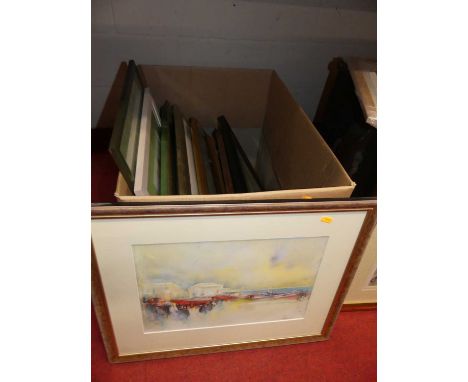 A box of assorted pictures and prints, to include landscape scene pastel, portrait studies etc 