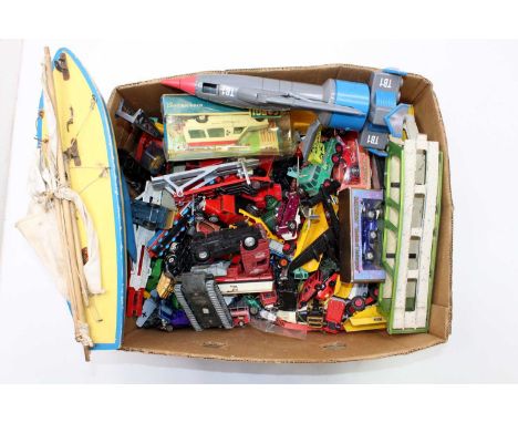 A large box containing various play-worn diecast model cars, with examples including a Corgi Toys Mercedes Ambulance, a Match