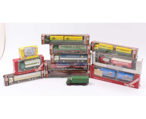 A tray of mixed Herpa HO 1/87th scale boxed trucks, including a Mercedes Wagon &amp; Trailer, and others